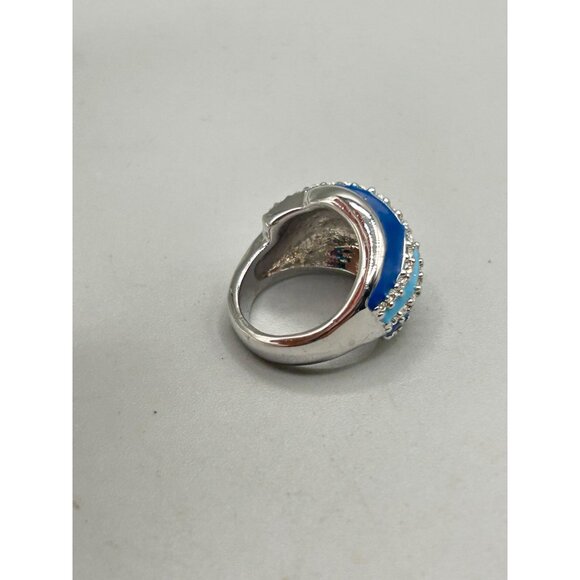 Vintage Blue Enamel Ring Size 4.5 Light & Dark Blue w Rhinestones Oceanic Ring - Picture 5 of 7